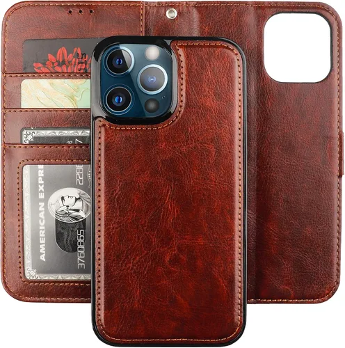 Miniatura 22 de Bocasal Funda tipo cartera desmontable para iPhone 13 Pro Max con bloqueo RFID, ranuras para tarjetas, soporte de cuero PU premium, soporte Negro