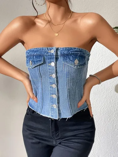 Miniatura 3 de WDIRARA Blusa corta sin mangas con botones y dobladillo sin tirantes para mujer