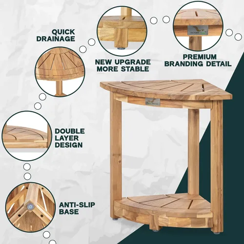 Miniatura 5 de VICTORY RELAX Estante esquinero de madera de acacia para ducha interior, banco de ducha impermeable y reposapiés para afeitarse las piernas, asiento
