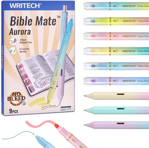 Miniatura 9 de WRITECH Set de marcadores y bolígrafos para diario de la Biblia Mate: marcadores sin sangrado para la Biblia y bolígrafos de bola de tinta negra