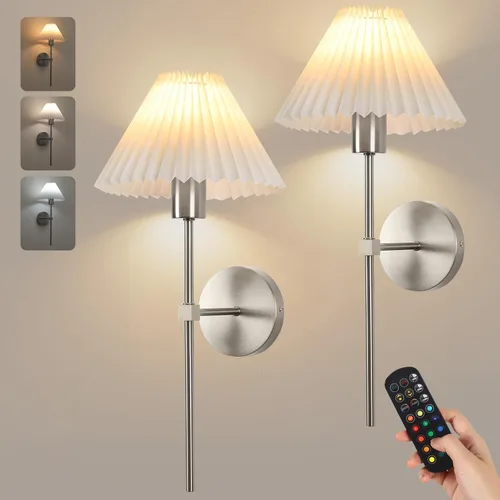Miniatura 15 de Juego de 2 apliques de pared inalámbricos, pantallas plisadas recargables que funcionan con batería, luces de pared retro de cuello de ganso Dorado