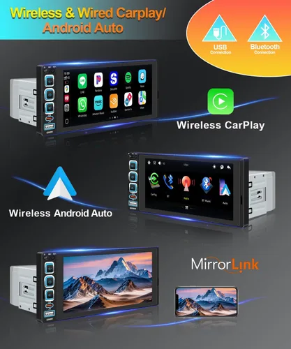 Miniatura 2 de Estéreo inalámbrico para automóvil Apple CarPlay de 6.9 pulgadas, pantalla táctil IPS 1280 x 480, Bluetooth 5.2 para automóvil, radio FM, receptores