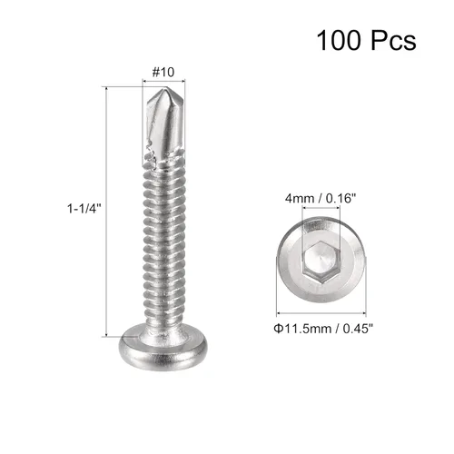 Miniatura 2 de uxcell Tornillos autorroscantes hexagonales, # 10 x 1-1/4" 410 Tornillo de perforación de cabeza plana de chapa de acero inoxidable 410, 100 piezas