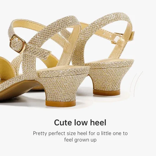 Miniatura 7 de Sandalias de tacón bajo para niñas, zapatos de vestir para bodas, fiestas, verano, puntera abierta, correa de tobillo para niños pequeños y grandes