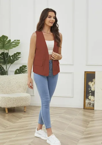 Miniatura 5 de YWS - Chalecos de moda para mujer, casual, sin mangas, con cuello en V, chaleco de lino y algodón