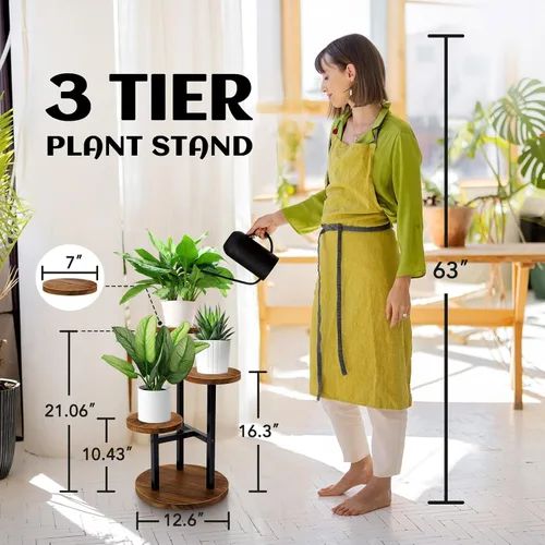 Miniatura 2 de AUGOSTA - Soporte para plantas de 3 niveles, estante alto de metal y madera para exhibición en interiores y exteriores, soporte para macetas