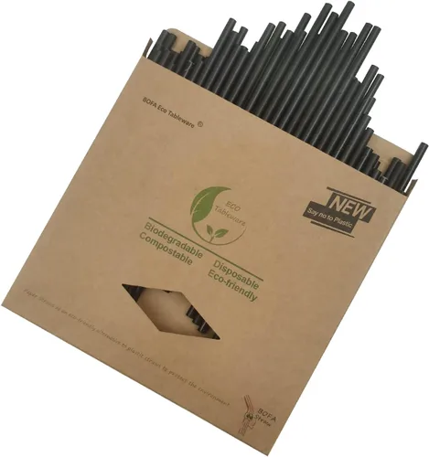 Pajitas de papel negro sólido, 100 unidades, 7.75 x 0.24 pulgadas, pajitas negras desechables a granel para cócteles, bebidas, bares y restaurantes,