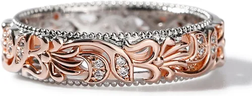 Jeulia Anillo floral de plata de ley en dos tonos tallado en hojas vintage único hueco flor rosa oro joyería compromiso boda nupcial conjuntos