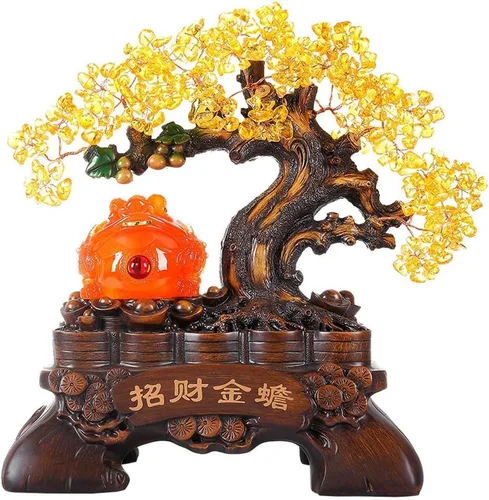 Figuras, estatuas/adornos de Feng Shui, decoración de árbol de dinero de cristal de sapo dorado que atrae riqueza y buena suerte, decoración de la
