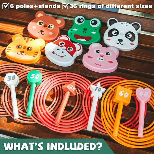 Miniatura 2 de Juego de juguetes de lanzamiento de anillos de animales para niños, 6 soportes y 36 anillos, para interiores y exteriores, fiesta, patio, actividad