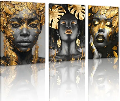 Miniatura 42 de MAMAGO Lienzo decorativo para pared, pintura de belleza dorada y negra, fotos de mujeres africanas, hermosos pósteres de mujer negra, impresiones