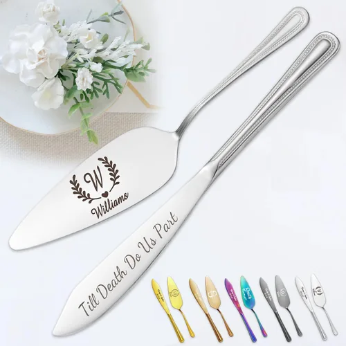 Miniatura 12 de Juego personalizado de corte de pasteles para boda, servidor de pastel de boda grabado gratis, cuchillo de pastel de acero inoxidable y juego