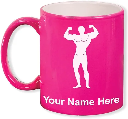 Miniatura 10 de LaserGram Taza de café redonda de cerámica de 11 oz, culturista, grabado personalizado incluido (negro)