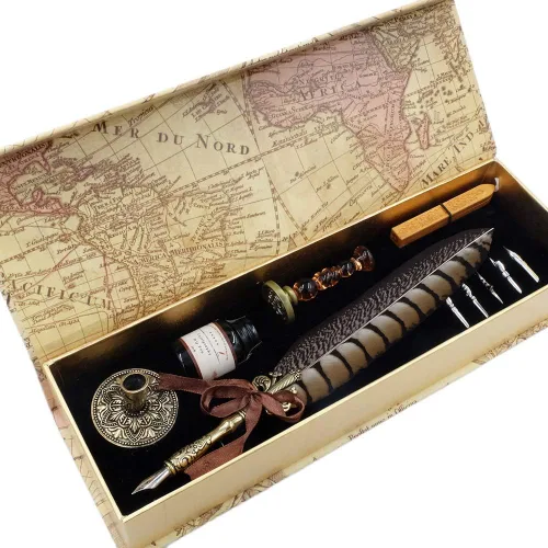 Pluma antigua pluma único medio patrón pluma conjunto con 6 plumas, 1 botella de tinta, 1 sello sello 1 portalápices 1 cera de sellado LL-149