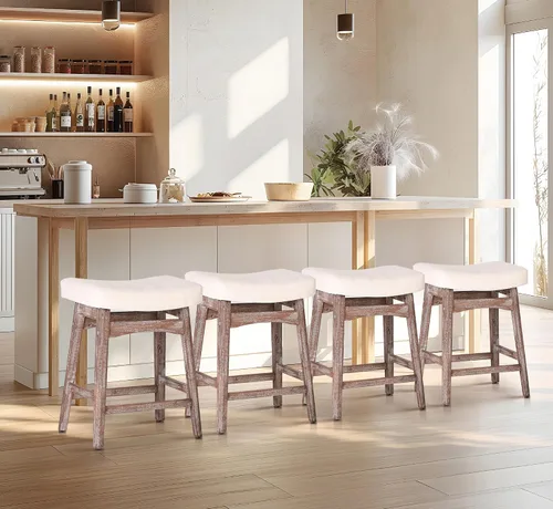Miniatura 11 de Taburete de bar gris de madera maciza para encimera de cocina, taburete de bar con asiento de cuero sintético, taburete tapizado para isla de 34 a