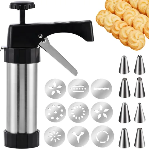 Prensa de galletas de acero inoxidable, kit de pistola para galletas con 13 discos para galletas y 8 puntas para glaseado para hacer galletas de