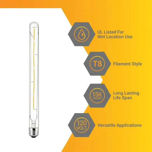 Miniatura 3 de Paquete de 5 bombillas de tubo T8/LED/FS/5W/E26/22K T8, estilo Edison regulable, bombilla de repuesto de filamento LED, luz ámbar de 2200 K, 5 W