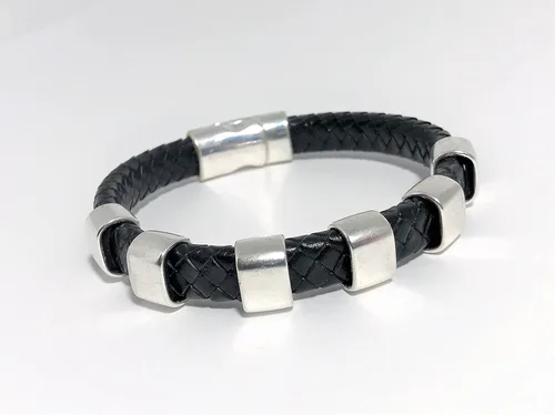 Miniatura 6 de Black Braided Leather and Silver Bracelet with Magnetic Clasp for Men and Women