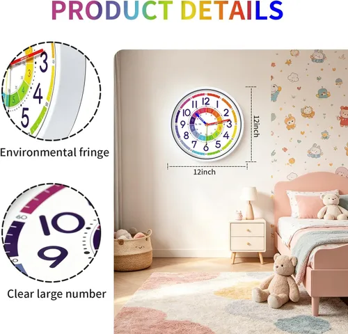 Miniatura 3 de Reloj de pared para niños, reloj de pared silencioso de 12 pulgadas para niños, reloj de pared decorativo de cuarzo silencioso sin tictac para aulas