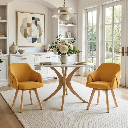 Miniatura 18 de Juego de 2 sillas de comedor giratorias, modernas de mediados de siglo con brazos y patas de madera, sillas de cocina tapizadas de tela de lino