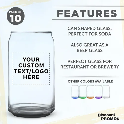 Miniatura 2 de Juego de 10 vasos de lata de cerveza personalizados, 16 onzas, tamaño de pinta, texto promocional, logotipo, forma de lata de soda, cristalería