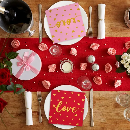 Miniatura 7 de Whaline Paquete de 75 servilletas para el día de San Valentín de 6.5 x 6.5 pulgadas, color rojo, rosa, dorado, servilletas de cena Love XOXO Kisses