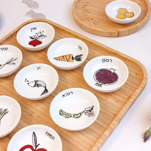 Miniatura 3 de Studio - Plato de alta calidad de Rosh Hashanah hecho a mano de 13 pulgadas, decoraciones y adornos de mesa judíos, viene con cuencos de cerámica