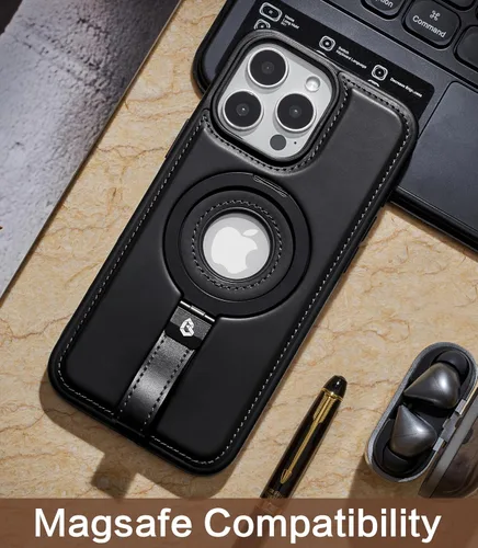 Miniatura 8 de Butaiga - Funda para iPhone 12 Pro Max con correa de cuero, soporte de anillo, color negro Finger Loop, Relieve Smartphone Pinky Strain