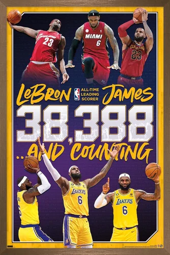 Miniatura 16 de NBA League - Póster de pared de LeBron James All-Time Scoring Leader, 22.4 pulgadas de largo x 14.7 pulgadas de ancho, versión enmarcada plateada
