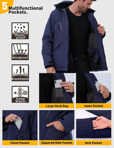 Miniatura 5 de GEMYSE Chaqueta de esquí para hombre, abrigo de nieve de invierno, impermeable, con capucha, aislante, resistente al viento, parka con múltiples