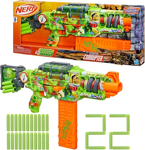 Miniatura 11 de Nerf Zombie Corrupter Dart Blaster, 22 dardos Nerf Elite, 18 pinzas de dardos, almacenamiento de dardos, acción de pernos, juegos al aire libre, a