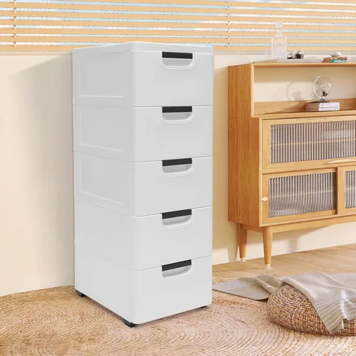 Miniatura 2 de Gabinete de almacenamiento de plástico blanco de 5 niveles con 5 cajones verticales para ropa con ruedas, gabinete de almacenamiento