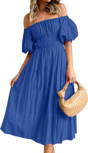 ZESICA Women's 2024 Sexy Boho Off Shoulder Puff Short Sleeve High Waist Ruffled Flowy A Line Beach Party Midi Dress
