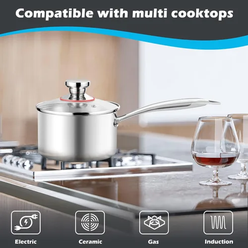 Miniatura 3 de E-far Cacerola de 1 cuarto de galón, sartén de acero inoxidable de tres capas con tapa de vidrio, pequeña olla de inducción de cocción compatible