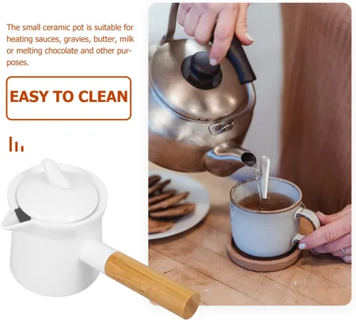Miniatura 2 de BESTonZON Mini olla de leche de cerámica de 12 onzas con mango y boquilla calentador de mantequilla para calentar salsas de leche y mantequilla