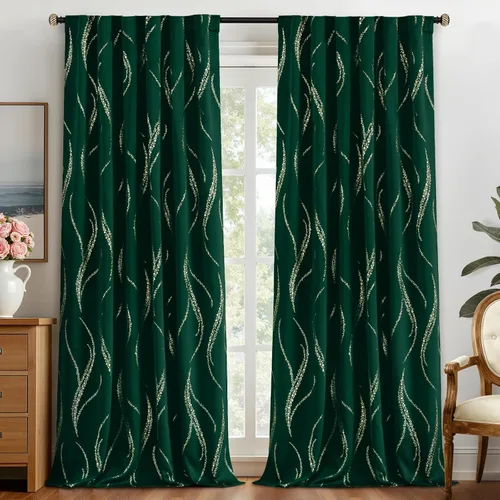 Miniatura 42 de Yakamok Cortinas opacas de 84 pulgadas de largo para sala de estar, con aislamiento térmico, patrón de líneas onduladas doradas, patrón de puntos