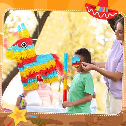 Miniatura 5 de Lenwen Donkey Piata - Paquete de 16 x 10 x 3 pulgadas con palo, venda y confeti para fiesta mexicana, cumpleaños de niños, decoración de fiesta