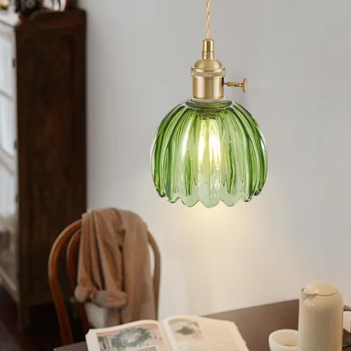 Miniatura 2 de Mini luces colgantes para isla de cocina, pequeña lámpara colgante ajustable con pantalla de cristal de tulipán verde, iluminación colgante dorada