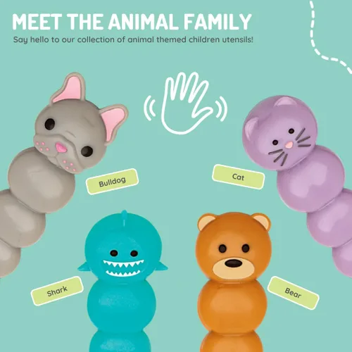 Miniatura 6 de melii Juego de cucharas y cuchillos de alimentación para niños y niños pequeños, acero inoxidable, Bulldog, gato, tiburón, oso, sin BPA, apto