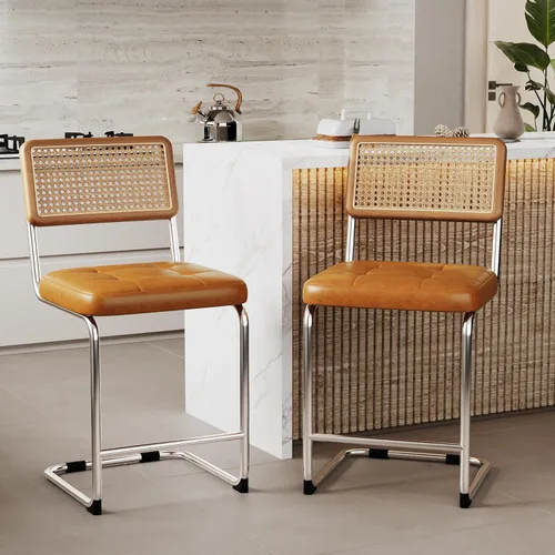 Miniatura 16 de Alunaune Juego de 2 sillas de comedor modernas de mediados de siglo, sillas de cocina tapizadas de ratán natural, sillas laterales sin brazos