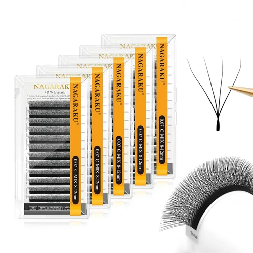 Miniatura 45 de NAGARAKU Extensiones de pestañas Double Tips 4D W, suministros con puntas dobles, gruesas con rizado D de 0.07 mm, bandeja mixta 8-15 mm, 0.07-D