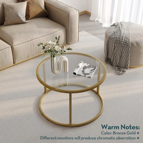Miniatura 6 de SAYGOER Mesa de café pequeña de vidrio, mesa de café redonda dorada para espacios pequeños, mesa central moderna y simple con marco dorado para sala