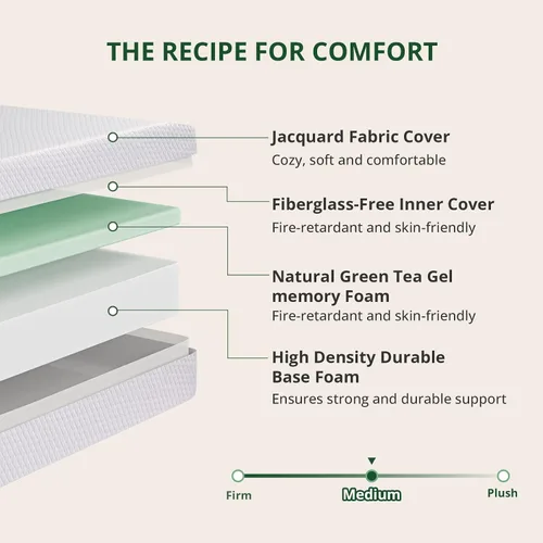 Miniatura 6 de Colchón de espuma viscoelástica de gel de té verde Twin de 6 pulgadas con funda extraíble lavable, firmeza media, cama en una caja, certificado