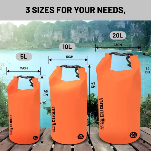 Miniatura 6 de Bolsa seca impermeable, mochila impermeable pequeña naranja con parte superior enrollable, 2L/5L/10L/20L/30L/40L, bolsas ligeras flotantes