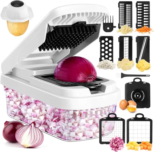 Picador de verduras, picador de alimentos multifuncional 12 en 1, picador profesional de cebolla con 7 cuchillas, cortador de verduras con Blanco
