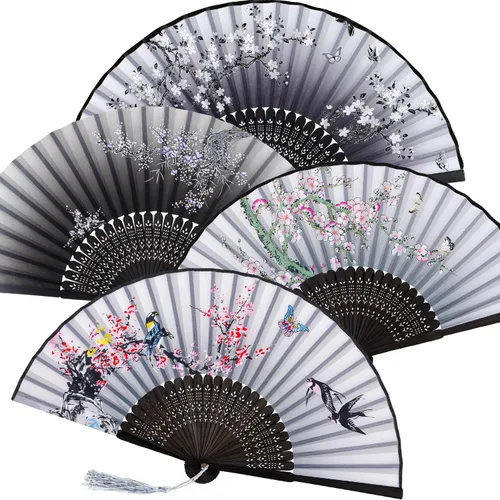 Zonon Paquete de 4 Abanicos Plegables Florales de Mano, Abanicos de Bambú de Seda Sostenidos a Mano con Borla para Mujeres, Abanico Plegable de Mano