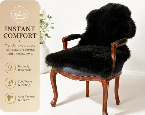 Miniatura 3 de Woolous Alfombra de piel de oveja negra, Nueva Zelanda, auténtica, de piel natural, esponjosa, para dormitorio, sala de estar