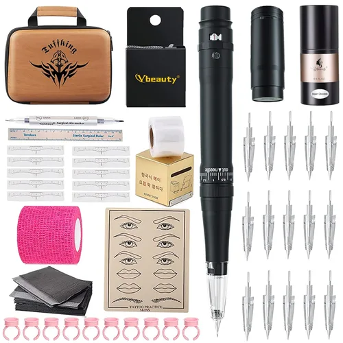 Kit de lápiz de tatuaje de maquillaje permanente para cejas y labios, máquina de tatuaje con batería inalámbrica de 700 mAh, 15 agujas de cartucho,