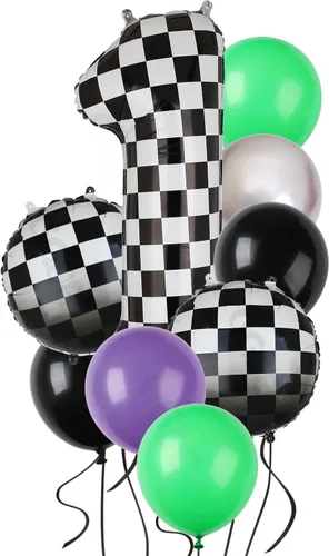 Miniatura 5 de Paquete de globos de auto de carreras azul y negro de 40 pulgadas, globo de números a cuadros 2 en blanco y negro, globos de látex para niños, dos