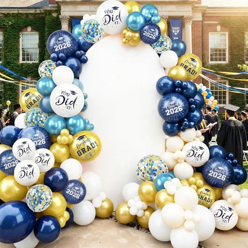 Miniatura 5 de Globos de graduación azules y dorados, 60 globos impresos con texto en inglés "Felicitaciones", 12 pulgadas, azul marino, blanco, azul, metálico